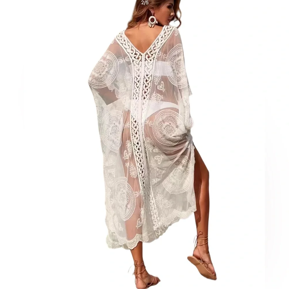 ✨NEW✨ Sheer Cover-Up Mesh Lace Maxi Beach Swimsuit Caftan Women’s ONE SIZE OS - Picture 9 of 12